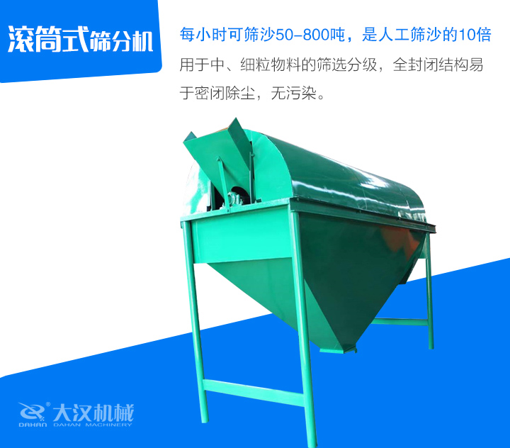 滚筒式筛分机用于中、细粒物料的筛选分级,全封闭结构易 于密闭除尘,无污染。